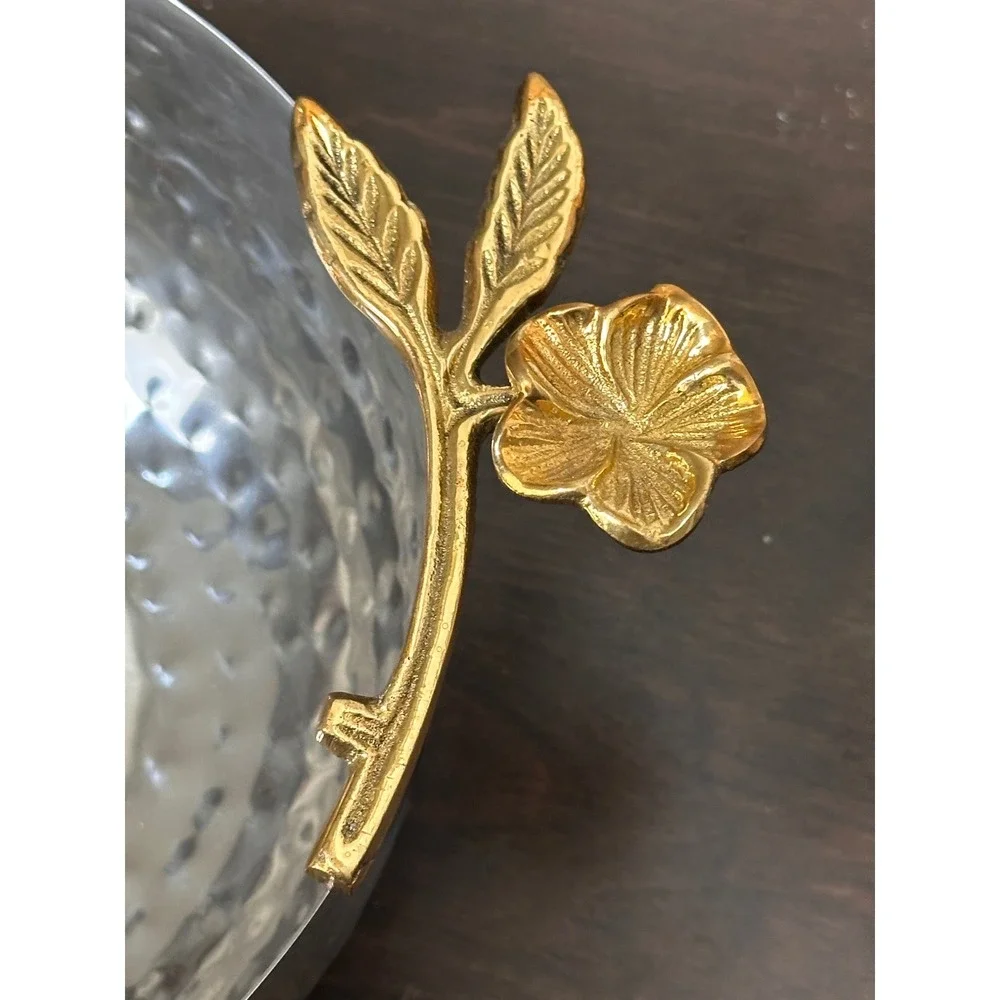 Hammered Stainless Steel Serving Bowl Gold Flower Handle Silver Made in India